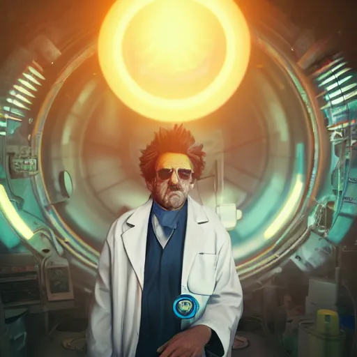 Image similar to portrait of rick sanchez, lab coat, lens flare, atmosphere, glow, detailed, intricate, full of colour, cinematic lighting, trending on artstation, 4 k, hyperrealistic, focused, extreme details, unreal engine 5, cinematic, masterpiece