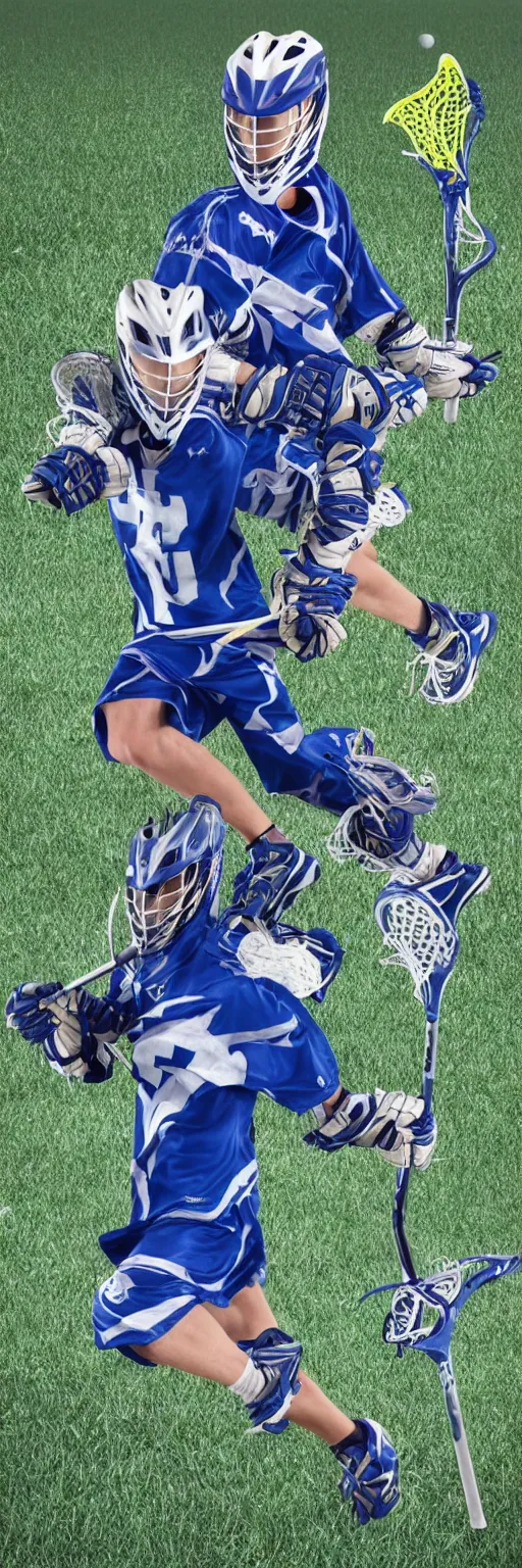 Image similar to lacrosse player, soccer field, cascade helmet, realistic, running, very detailed, 8k, high resolution, ultra realistic, no grain, symmetry, normal proportions, sports illustrated style, Cascade XRS Custom Lacrosse Helmet, brine lacrosse stick, Brine Lacrosse King V Gloves, normal feet, Nike Alpha Huarache 7 Elite, STX Surgeon 700 Lacrosse Arm Guards