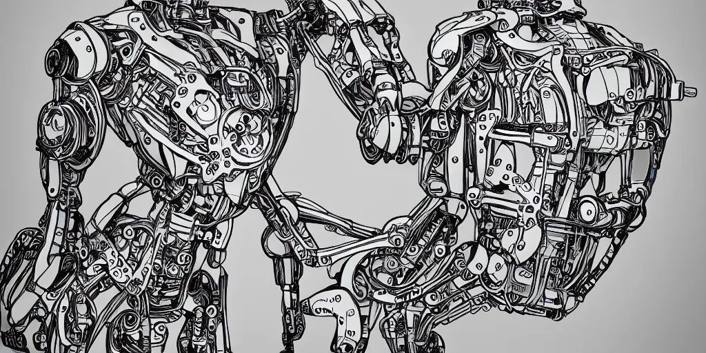 Image similar to a portrait of an ultra detailed mechanical robot with anthropomorphic look frond mid - level body view in black and white ink line art