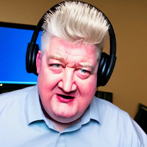 Image similar to obese David Lynch wearing a headset yelling at his monitor while playing WoW highly detailed wide angle lens 10:9 aspect ration award winning photography erasure head