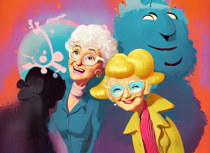 Image similar to pixar cartoon character of bea arthur being happy with her friends from the golden girls. style by petros afshar, christopher balaskas, goro fujita, and rolf armstrong.