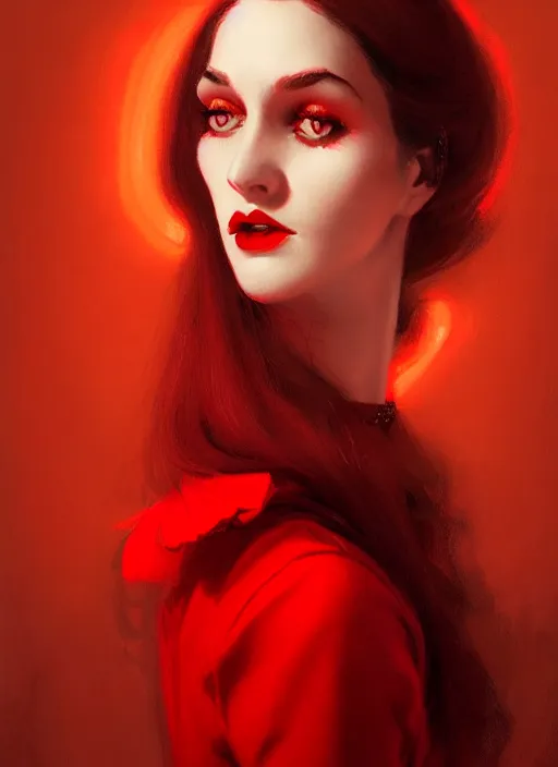 Prompt: portrait of a woman with a crooked nose and a confident expression, 1 9 6 0 s, long hair, red clothes, goth, intricate, elegant, glowing lights, highly detailed, digital painting, artstation, concept art, smooth, sharp focus, illustration, art by wlop, mars ravelo and greg rutkowski