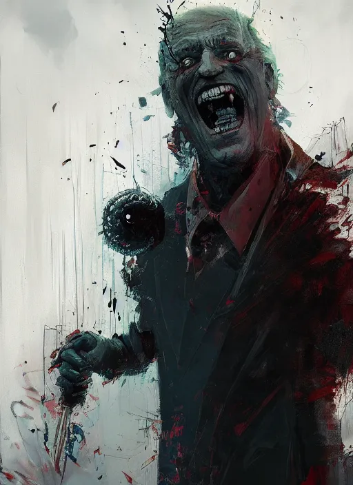 Image similar to crazy mad Joe Biden grinning sadistic smile all powerful emperor of the world, high contrast, cosmic horror, lovecraftian, abstract, masterpiece, trending on ArtStation, by Greg Rutkovski and by Craig Mullins and by David Cronenberg and by Ismail Inceoglu, dark