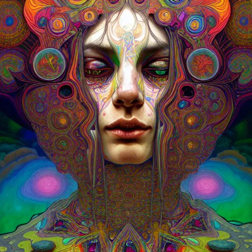 Prompt: An extremely colorful psychedelic experience, warping time and space, magic mushrooms, psilocybin, LSD, face, detailed, intricate, elegant, highly detailed, digital painting, artstation, concept art, smooth, sharp focus, illustration, art by Krenz Cushart and Artem Demura and alphonse mucha