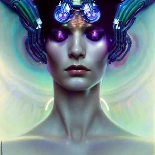 Image similar to extremely psychedelic beautiful cyborg queen of lsd infected by night. intricate, elegant, highly detailed, extremely lifelike photorealistic digital painting, artstation. steichen, gaston bussiere, tom bagshaw, cyberpunk alphonse mucha. elegant minimalism. anatomically correct. sultry. sharp focus. white. surreal lush hallucination