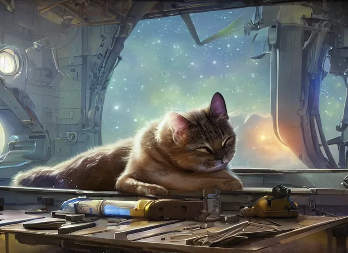 Prompt: alien space cat sleeping on a mechanics workbench in a spaceport in a space opera ghibli animated film, volumetric lighting, octane render by stanley artgerm lau, greg rutkowski, thomas kindkade, alphonse mucha, loish, norman rockwel, highly detailed