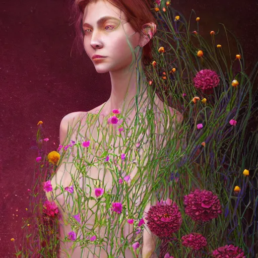 Image similar to biomorphic painting of a female with flowers, au naturel, hyper detailed, digital art, trending in artstation, cinematic lighting, studio quality, smooth render, unreal engine 5 rendered, octane rendered, art style by klimt and nixeu and ian sprigger and wlop and krenz cushart