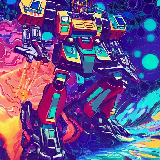 Image similar to An extremely Gundam psychedelic experience, colorful, surreal, mecha, scifi, LSD, face, jet turbine, tarot, detailed, intricate, elegant, highly detailed, super detailed, insane detailed, digital painting, concept art, smooth, sharp focus, illustration, art by josan gonzales, Krenz Cushar, Marco Plouffe, dan mumford, Artem Demura and alphonse mucha