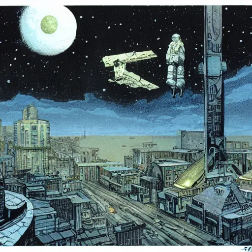Prompt: comic book page, a city on the moon, by Francois Schuiten
