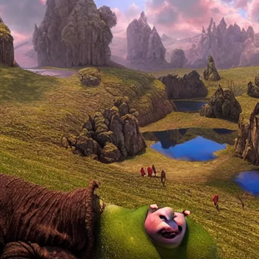 Image similar to BEAUTIFUL LANDSCAPE WITH LAKES MADE OUT OF BLOOD, REALISM, HELL, 8K, SHREK CONSUMES BONES, 100K, UNREALESED SHREK MOVIE, 8K