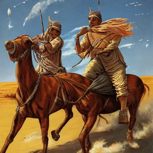 Prompt: indoaryan nomads riding horses across steppe, on alien planet, science fiction, pulp illustration