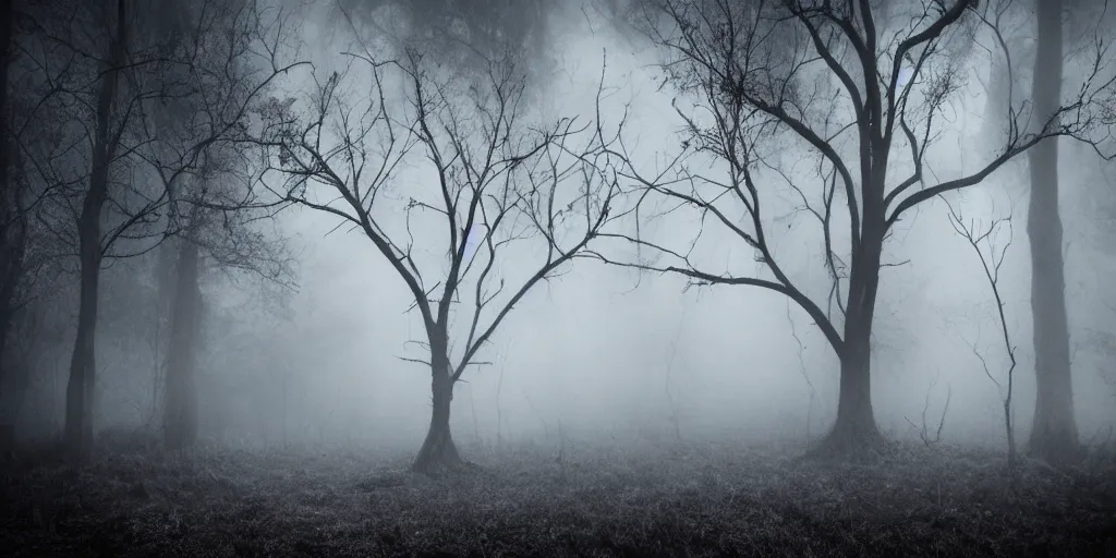 Image similar to fun strange darkness house, inspired by Tim Burton, (by Tim Burton) dark forest background dead tree, mist, fog, volumetric lighting