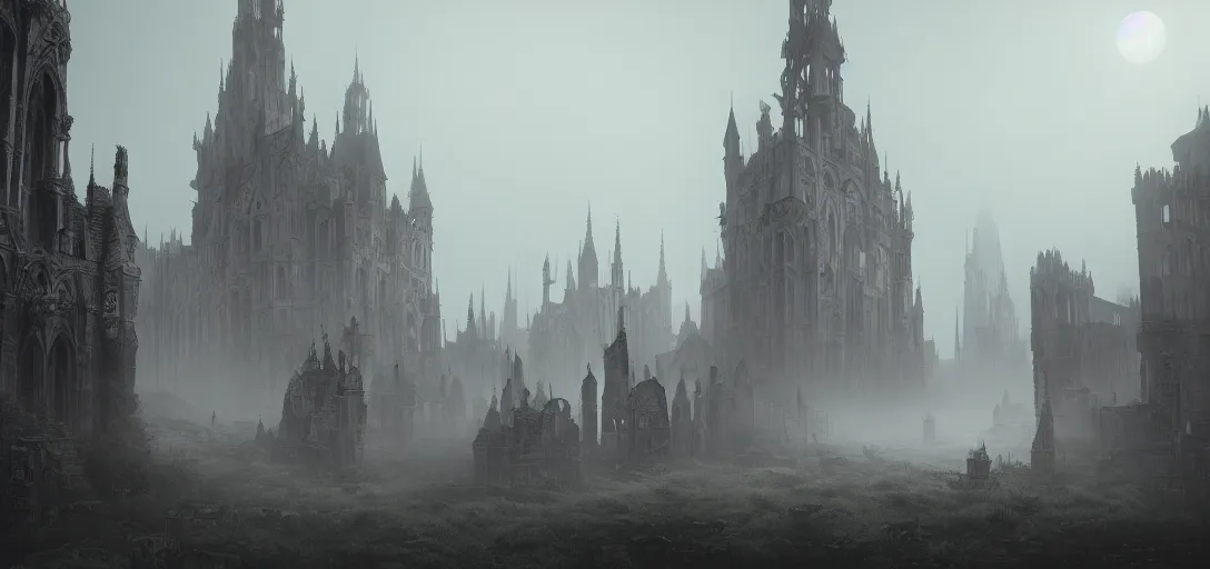 Prompt: view of an abandoned gothic city at day, castles, fog, cinematic lighting, ultra detailed, sharp, ambient occlusion, raytracing, by greg rutowski, paul chadeisson and jessica rossier