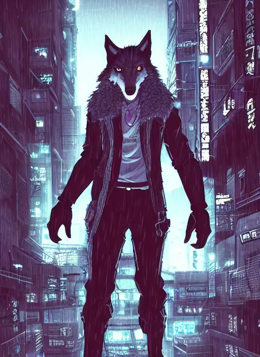 Image similar to character portrait of a male anthro wolf fursona with a tail and a cute beautiful attractive detailed furry face wearing stylish cyberpunk clothes in a cyberpunk city at night while it rains. hidari, color page, tankoban, 4K, tone mapping, Akihiko Yoshida. Nomax, Kenket, Rukis.