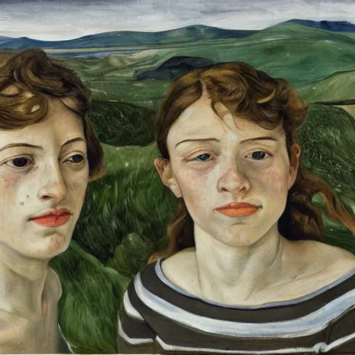 Image similar to a portrait of two beautiful sisters in a scenic environment by lucian freud