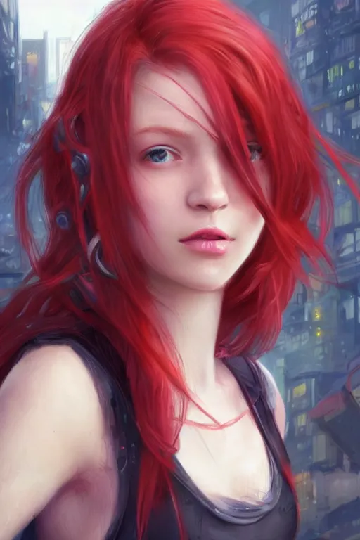 Prompt: beautiful cute red haired joyful and playful nineteen year old young girl standing up, casual clothing, long hair, cyberpunk city, attractive face, rpg character, sci - fi, fantasy, intricate, elegant, digital painting, artstation, concept art, smooth, 8 k frostbite 3 engine, ultra detailed, art by artgerm and greg rutkowski and magali villeneuve