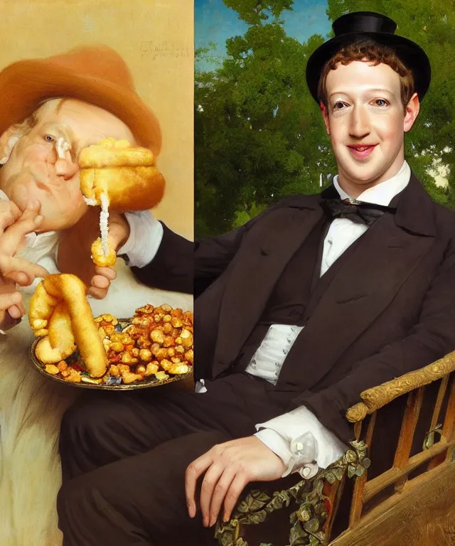 Prompt: Beautiful!! portrait of Mark Zuckerberg as an Edwardian dandy eating a corndog wearing a Velvet suit and a Top Hat sitting on a park Bench at sunset painted by Alphonse Mucha and arnold böcklin and Maxfield Parrish, hyperrealistic oil painting trending on artstation 8k