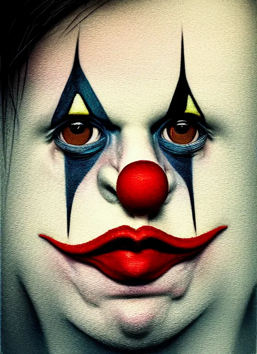 Image similar to polaroid selfie of clown influencer, diaphanous, render, octane, detailed, award winning photography, masterpiece, dark backround, highly detailed, digital illustration, trending in artstation, modern painting, smooth, sharp focus, intricate