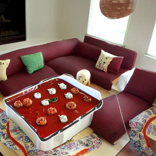 Image similar to spaghetti and meatballs shaped into a living room set