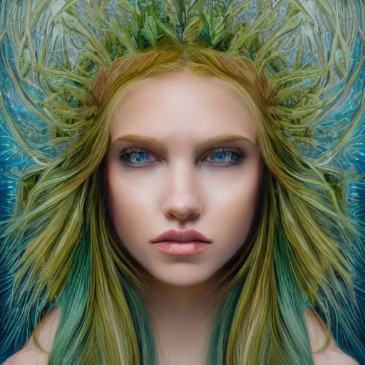 Image similar to a symmetrical portrait of a blonde woman with plants in hair, oil painting, pale colors, high detail, 8 k, wide angle, trending on artstation,