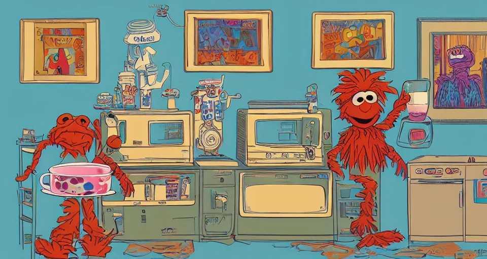 Image similar to a muppet holding a comically large cup of coffee in a 1 9 7 0 s era kitchen, in the style of hownosm and james jean, ultimate collab, epic, digital art, 3 d, h 9 6 0