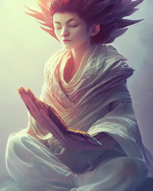 Prompt: a tiny creature floating while meditating and wrapped in sacred scrolls, smooth, intricate, elegant, digital painting, artstation, concept art, sharp focus, octane render, illustration, art by ayami kojima, apex legends character,