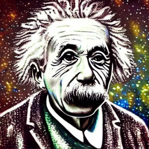 Image similar to “cosmic Albert Einstein with tongue out, tripping on lsd, style of Van Gogh painting”