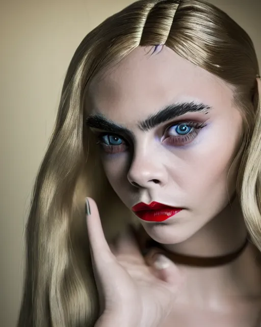 Image similar to high quality presentation photo of cara delevigne as a porcelain doll, photography 4k, f1.8 anamorphic, bokeh, 4k, Canon, Nikon