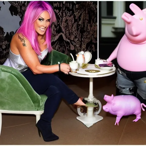 Prompt: jodie marsh & Michael mcintyre & pepper pig having tea at the ritz