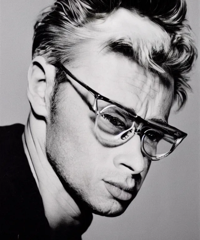 Image similar to a color photograph of james dean, by thomas ruff, platinum blond, intense, bold, exaggerated, overblown, ultra sharp, extra details, ultra high quality, trending on pinteresst