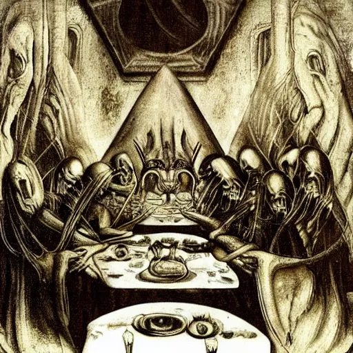 Image similar to last dinner da vinci by Rudolf Giger;