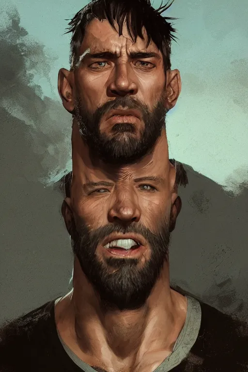 Image similar to very detailed portrait of a rugged man in his early thirties, strong jaws, latino features, wearing a black t - shirt, earthy color scheme, by wlop and krenz cushart and artem demura and artgerm, historical fiction, detailed eyes, starry background, trending, on artstation.