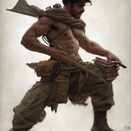 Image similar to portrait of a young rugged ranger with exposed muscular thighs, handsome, hairy torso, D&D, fantasy, intricate, elegant, highly detailed, digital painting, artstation, concept art, matte, sharp focus, illustration, art by Artgerm and Greg Rutkowski and Alphonse Mucha