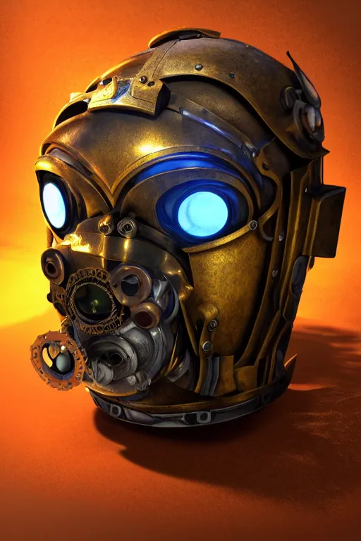 Image similar to steampunk mask minimalist fantasy art robot ninja helmet, global illumination ray tracing hdr fanart arstation by sung choi and eric pfeiffer and gabriel garza and casper konefal radiating a glowing aura