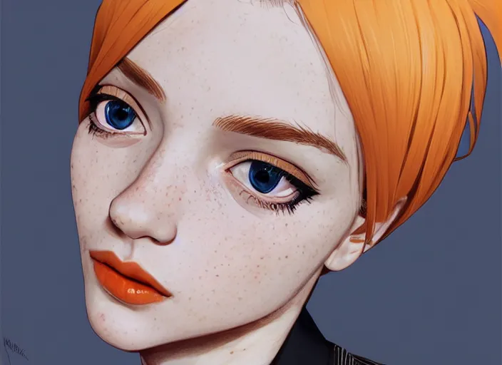 Image similar to portrait Girl with orange hair and freckles, cute-fine-face, white-hair pretty face, realistic shaded Perfect face, fine details. realistic shaded lighting by (((Ilya Kuvshinov)))
