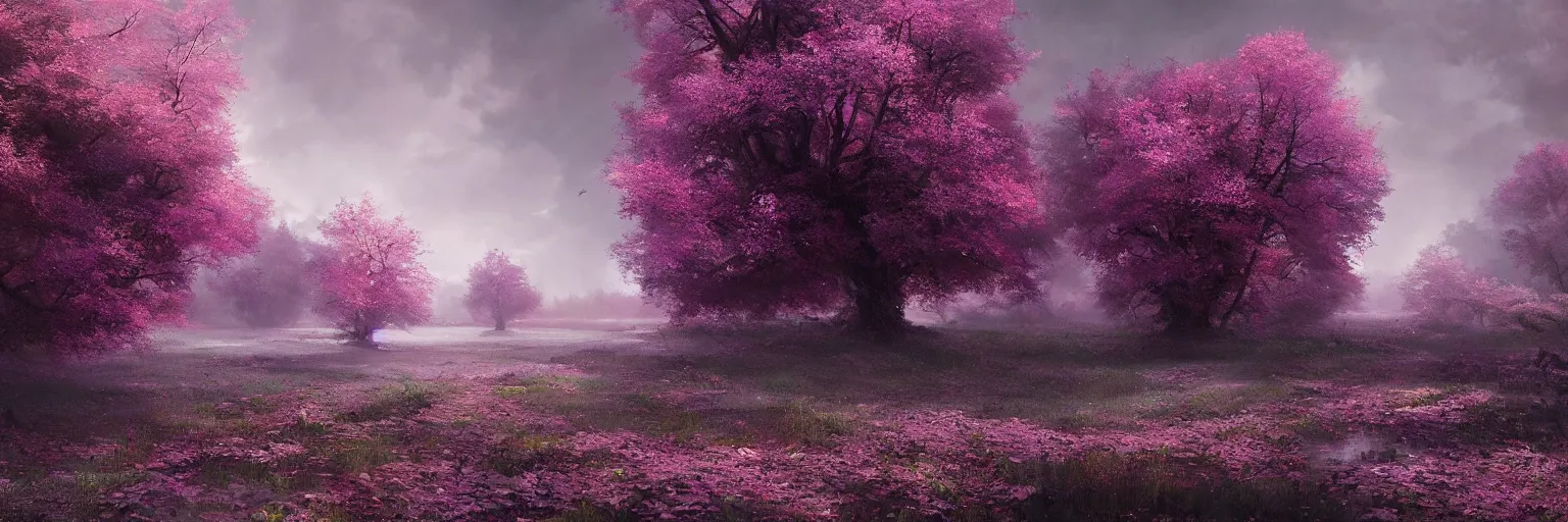 Image similar to michal karcz painting of a beautiful landscape. , purple trees, detailed, elegant, intricate, 4k,