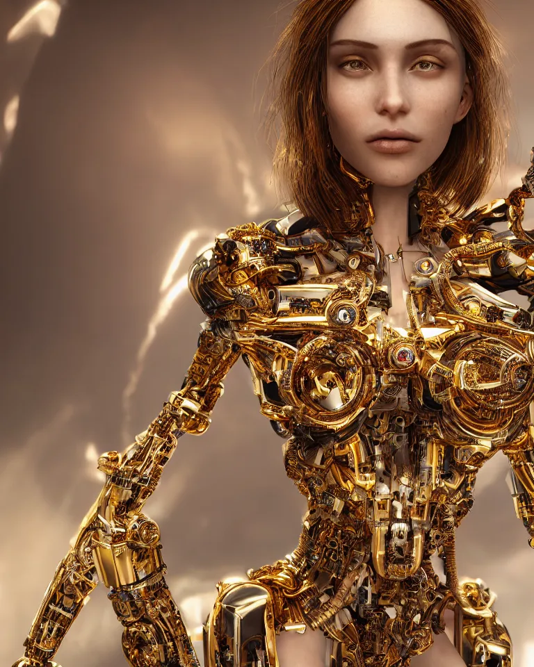 Image similar to a stunning young female cyborg made of gold, gemstones, diamonds, by pre - raphaelite brotherhood, unreal engine, glamor shot, nikon d 7 5 0, closeup, f / 2. 8, low contrast, 1 6 k, rim lighting, optical fiber, cinematic lighting, insanely detailed and intricate, hypermaximalist, elegant, ornate, hyper realistic