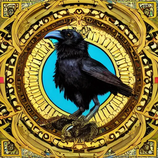 Prompt: photorealistic detailed victorian raven animal portrait painting, ornate dark turquoise and black and yellow ochre background with circle arch, art by jon ching and alphonse mucha and walter crane and louis sullivan and greg hildebrandt