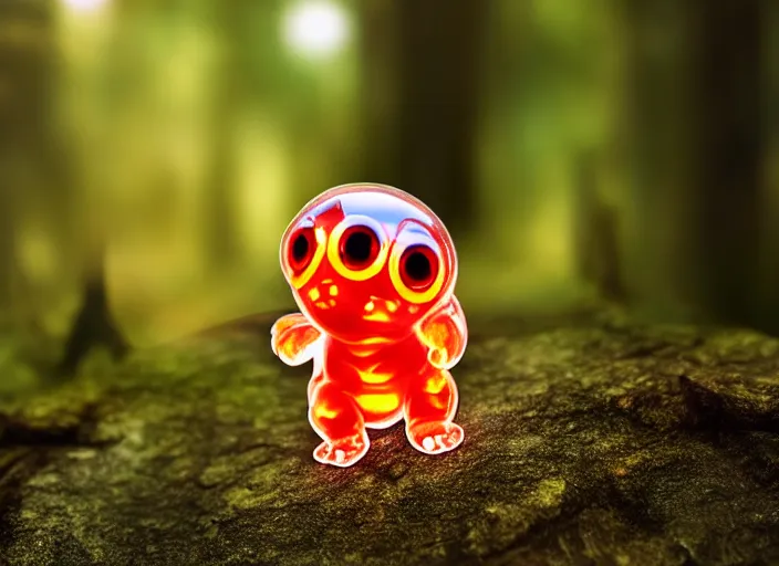 Image similar to photo of a translucent clear chibi style baby dinosaur with symmetrical head and eyes, made out of clear plastic, but has red hypercolor glowing electric energy inside its body, and electricity flowing around the body. in the forest. fantasy magic style. highly detailed 8 k. intricate. nikon d 8 5 0 3 0 0 mm. award winning photography. design by pixar