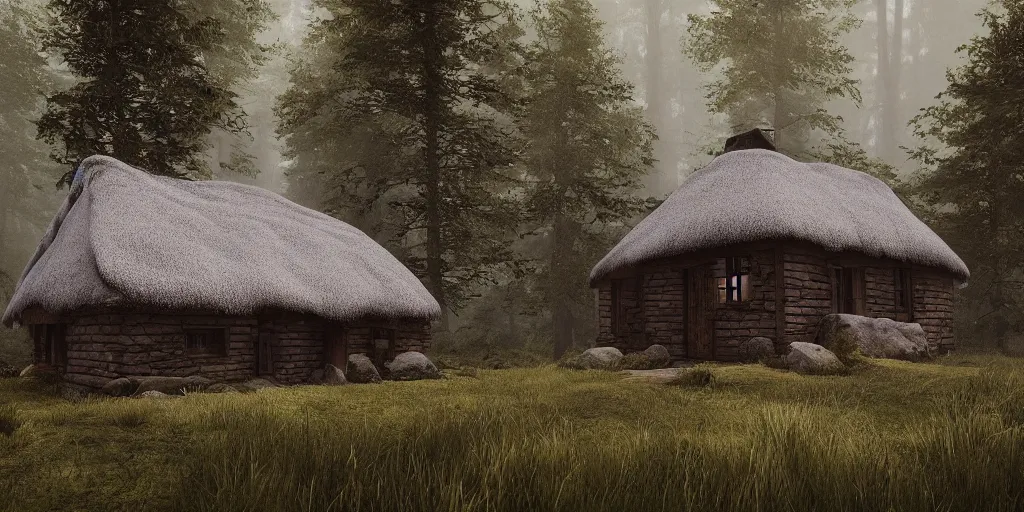 Prompt: a single cottage with a thached roof in the woods and empty woods, 8k, fantasy, unreal engine, dramatic lighting, cinematic