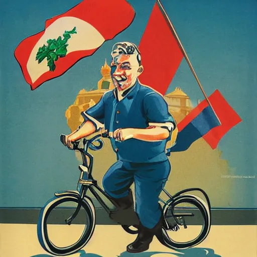 Prompt: portrait of mayor of budapest gergely karacsony riding a bicycle in summer shirt, hungarian propaganda poster, hungarian flag in the background, colored, artgerm, highly detailed
