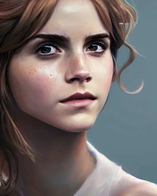 Image similar to league of legends portrait of emma watson, au naturel, hyper detailed, digital art, trending in artstation, cinematic lighting, studio quality, smooth render, unreal engine 5 rendered, octane rendered, art style by klimt and nixeu and ian sprigger and wlop and krenz cushart.