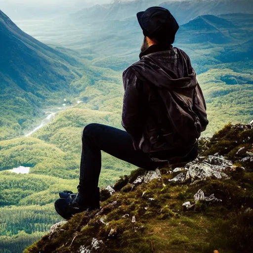 Image similar to a man sitting on top of a beautiful mountain, fantasy landscape, stunning detail, ominous energy in front of him, back shot angle