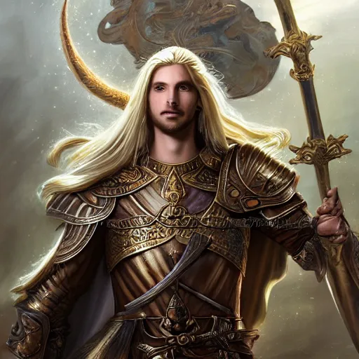 Image similar to Full body shot of beautiful male cleric with long flowing blonde hair wearing burnished bronze armour emblazoned with a swan on the breastplate. Wielding a magical scimitar embossed with the phases of the moon. Magic, bright divine lighting, flux. High fantasy, digital painting, HD, 4k, detailed by Ruan Jia