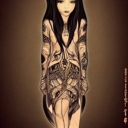 Image similar to tattoo design, stencil, beautiful young female, long dark hair, symmetrical facial features, Japanese, partially clothed in robe, by William-Adolphe Bouguerea and artgerm