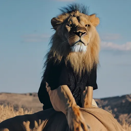 Prompt: old man with long white beard and a hood riding on lions back