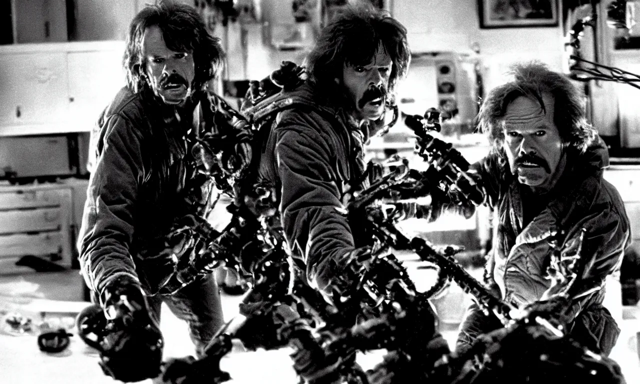 Prompt: still frame from john carpenter's the thing in the backrooms. photorealistic. intricate details. 3 5 mm photograph. dramatic lighting. action shot. absolute focus. masterpiece.