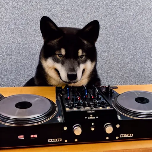 Prompt: Black Shiba Inu wearing a baseball cap DJing