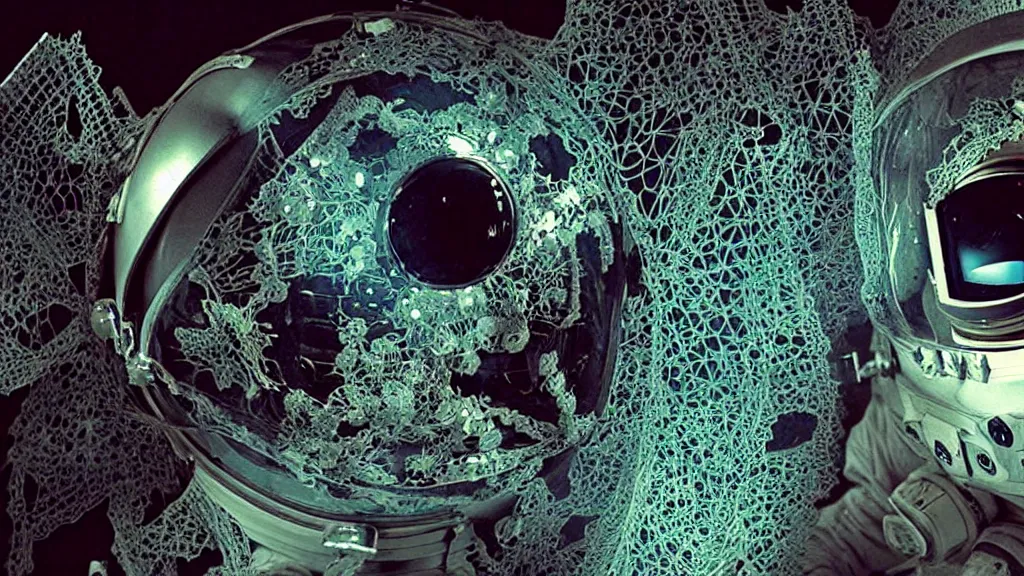 Image similar to a single astronaut eva suit covered in diamond 3d fractal lace iridescent bubble 3d skin and covered with insectoid compound eye camera lenses floats through the living room, film still from the movie directed by Denis Villeneuve with art direction by Salvador Dalí, wide lens,