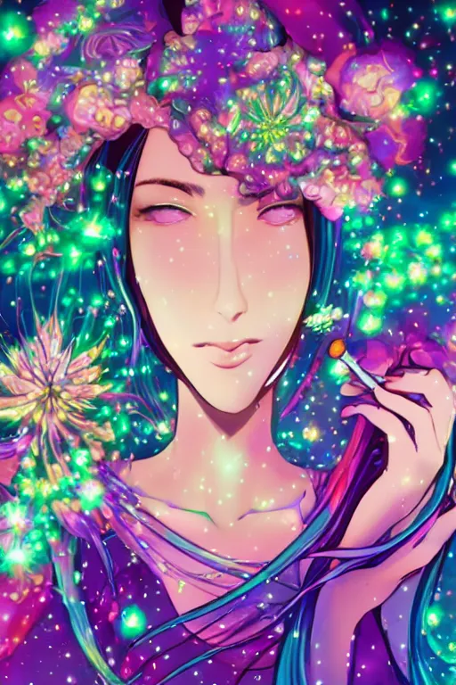 Image similar to psychedelic, whimsical, anime, 4k, beautiful intimate woman blowing smoke, with professional makeup, long trippy hair, a crystal and flower dress, sitting in a reflective pool, surrounded by gems, underneath the stars, rainbow fireflies, trending on patreon, deviantart, twitter, artstation, volumetric lighting, heavy contrast, art style of Ross Tran and Viktoria Gavrilenko and Ilya Kuvshinov